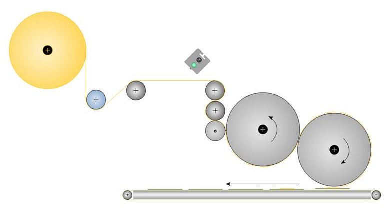 Window patcher with rotary knife and vacuum drums
