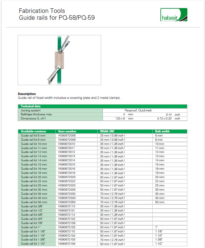 Habasit Guide Rail Data Sheet